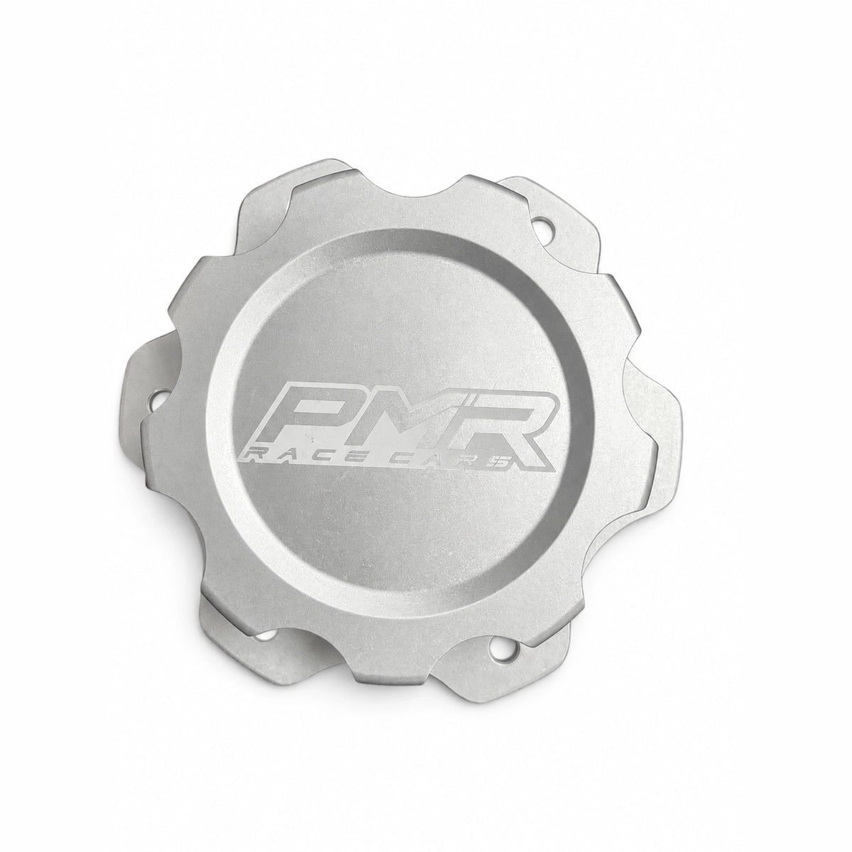 An aluminum fuel cell cap with a white PMR logo in the center and pre-drilled bolt holes around the outer rim, shown on a white background.