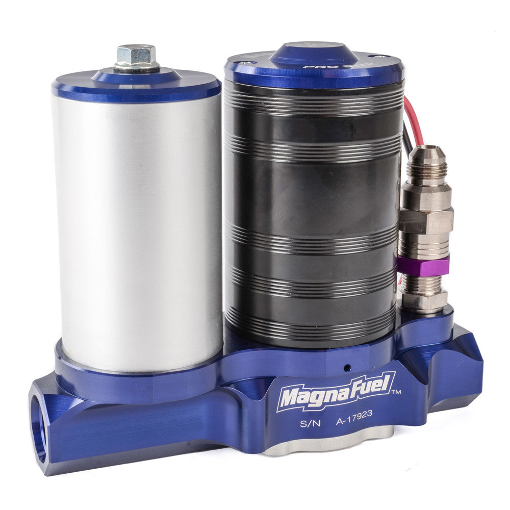 A MagnaFuel 2-stage electric performance supercharger kit, featuring a blue anodized aluminum base, a silver metal cylinder, a black ribbed cylinder, and a purple pressure regulator, shown on a white background.