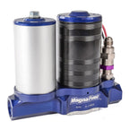 A MagnaFuel 2-stage electric performance supercharger kit, featuring a blue anodized aluminum base, a silver metal cylinder, a black ribbed cylinder, and a purple pressure regulator, shown on a white background.