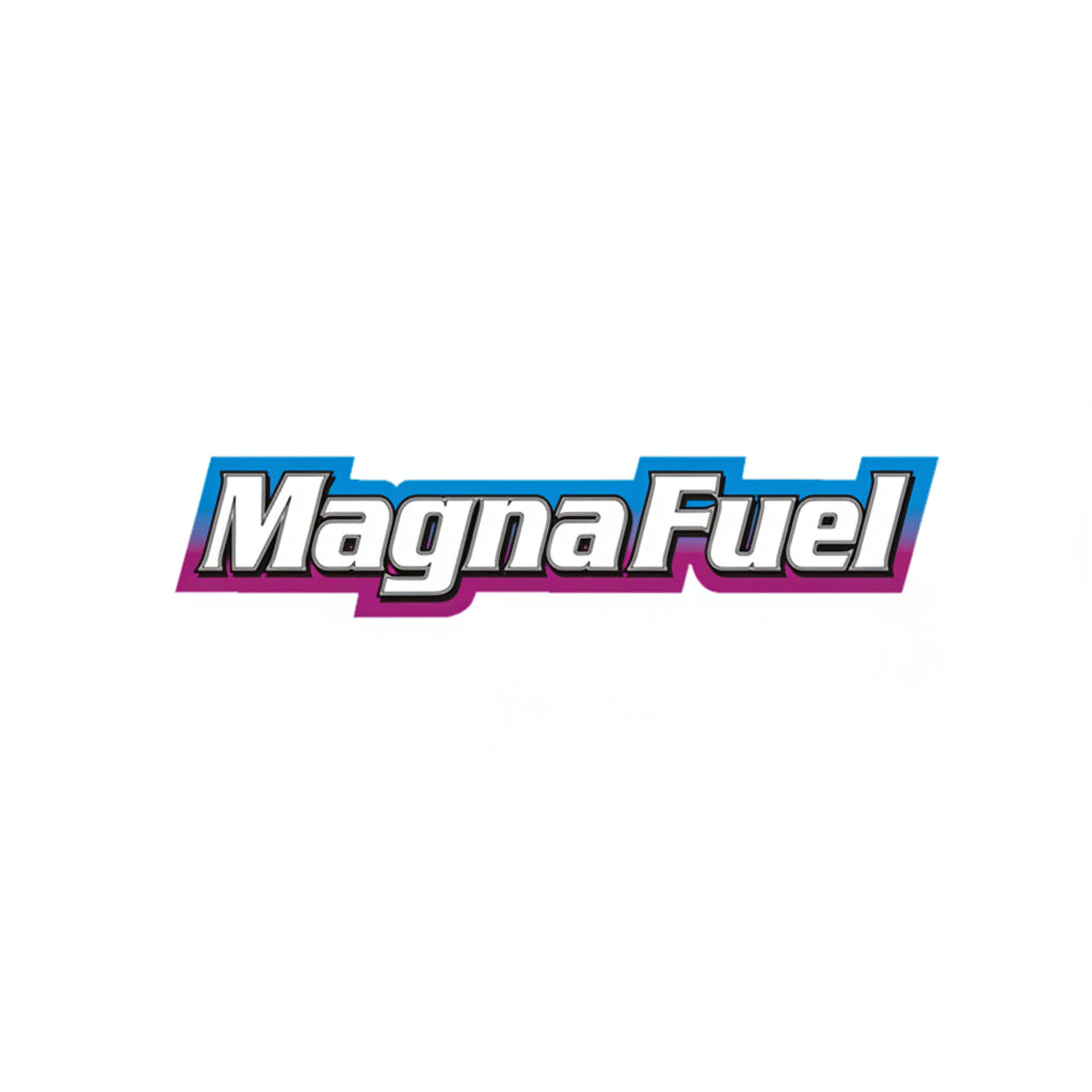The logo for Magna Fuel, featuring stylized white lettering with a black outline and a blue-to-purple gradient shadow, on a plain white background.