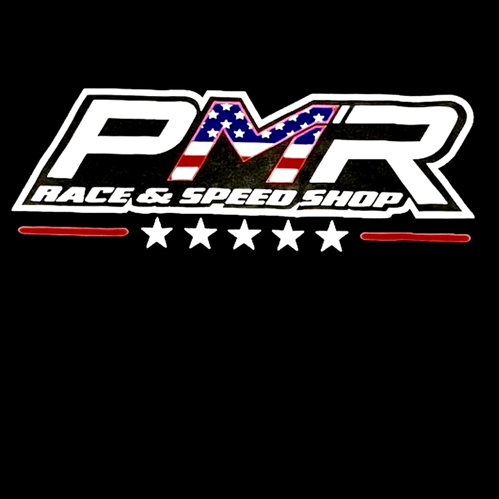 A stylized 'PMR Race & Speed Shop' logo graphic on a black background, with the letters filled in an American flag pattern and five white stars below.