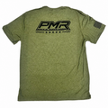 An olive green heathered t-shirt shown from the back, featuring a large black 'PMR' logo, plus a black American flag graphic on the left sleeve.
