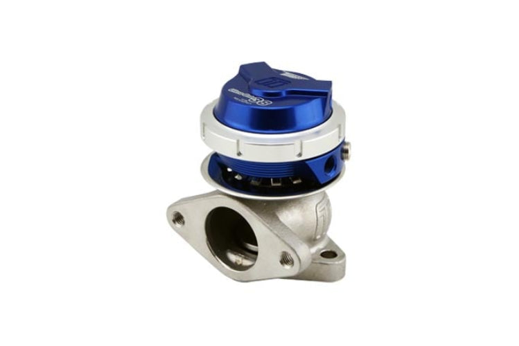 Turbocharger wastegate with blue and silver design on a white background