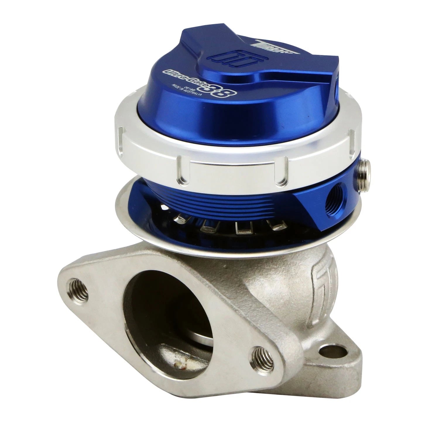 Turbosmart GenV UltraGate38 14psi Wastegate Blue and silver design on a white background