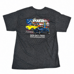 A dark heather gray t-shirt showing the back side, which features a large graphic print of two classic cars (a yellow muscle car and a blue sports car) against an American flag background, with the text 'PMR Race Cars' and contact details.